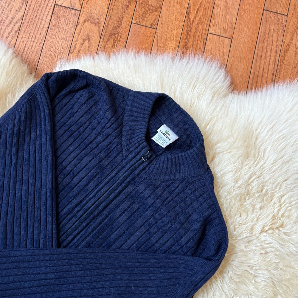 Lacoste Wool Cotton Blend Navy Ribbed Sweater Jacket
